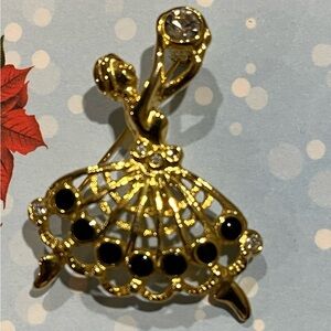Ballerina Brooch Gold Tone with Clear and Black Rhinestones